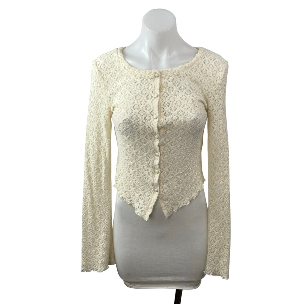Kimchi Blue Cream Geometric Lace Bell Sleeve Button Down Cardigan Sweater Top S